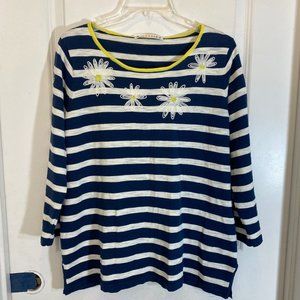 Mansted Striped 3/4 Sleeve Blue & Ivory embroidered Daisy Cotton Sweater